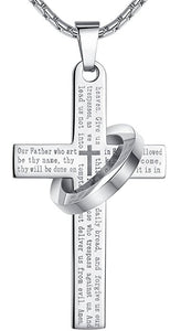 Men's Stainless Steel "Our Father Lord's Prayer" Cross w/ Halo Pendant & 23" Chain - Silver