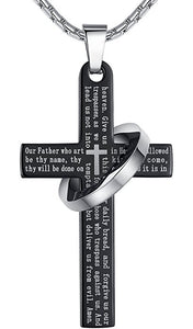 Men's Stainless Steel "Our Father Lord's Prayer" Cross w/ Halo Pendant & 23" Chain - Black