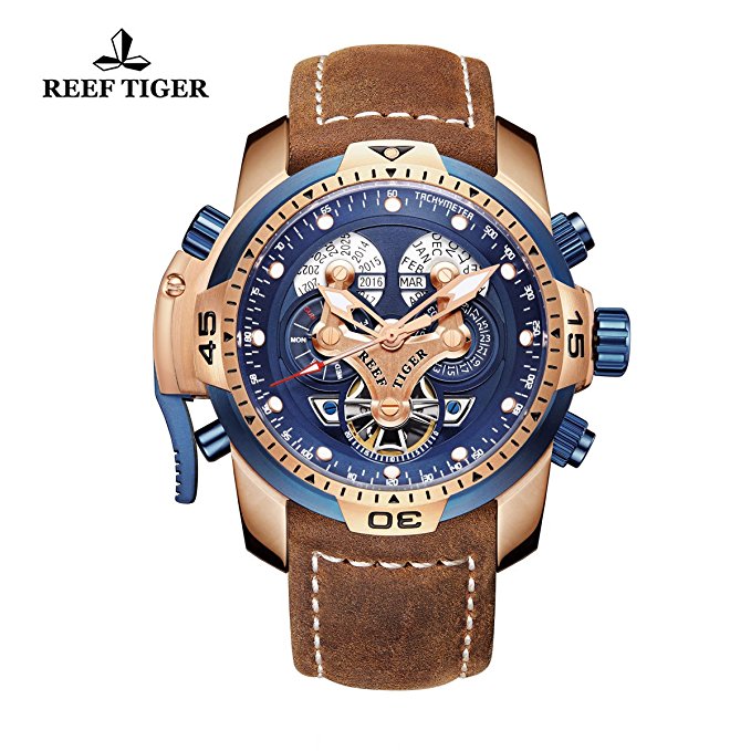 Men's Reef Tiger Rose Gold Complicated Blue Dial Automatic Sport Watch
