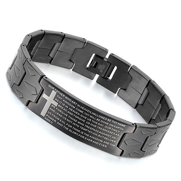 Men's Vintage Stainless Steel Lords Prayer Religious Link Wrist Bracelet