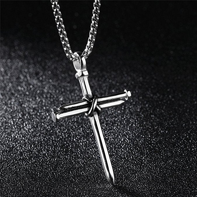 Men's Stainless Steel Nail Cross Charm Pendant w/ Necklace - Silver