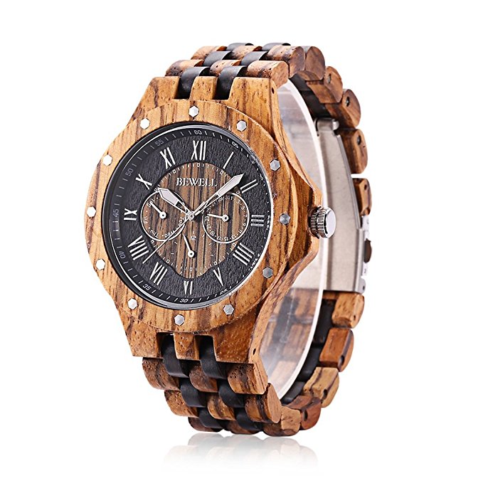 Men's Bewell Wooden Watch with Date Day & Luminous Hands