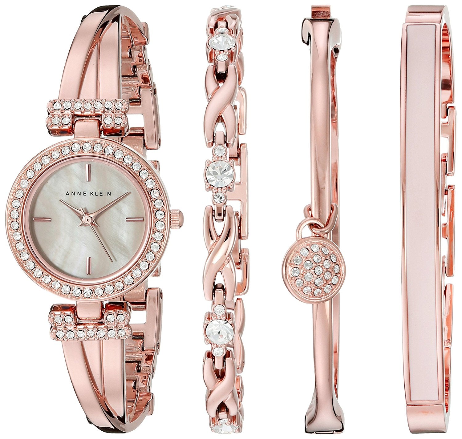Ladies Anne Klein Swarovski Crystal-Accented Rose Gold-Tone Bangle Watch and Bracelet Set