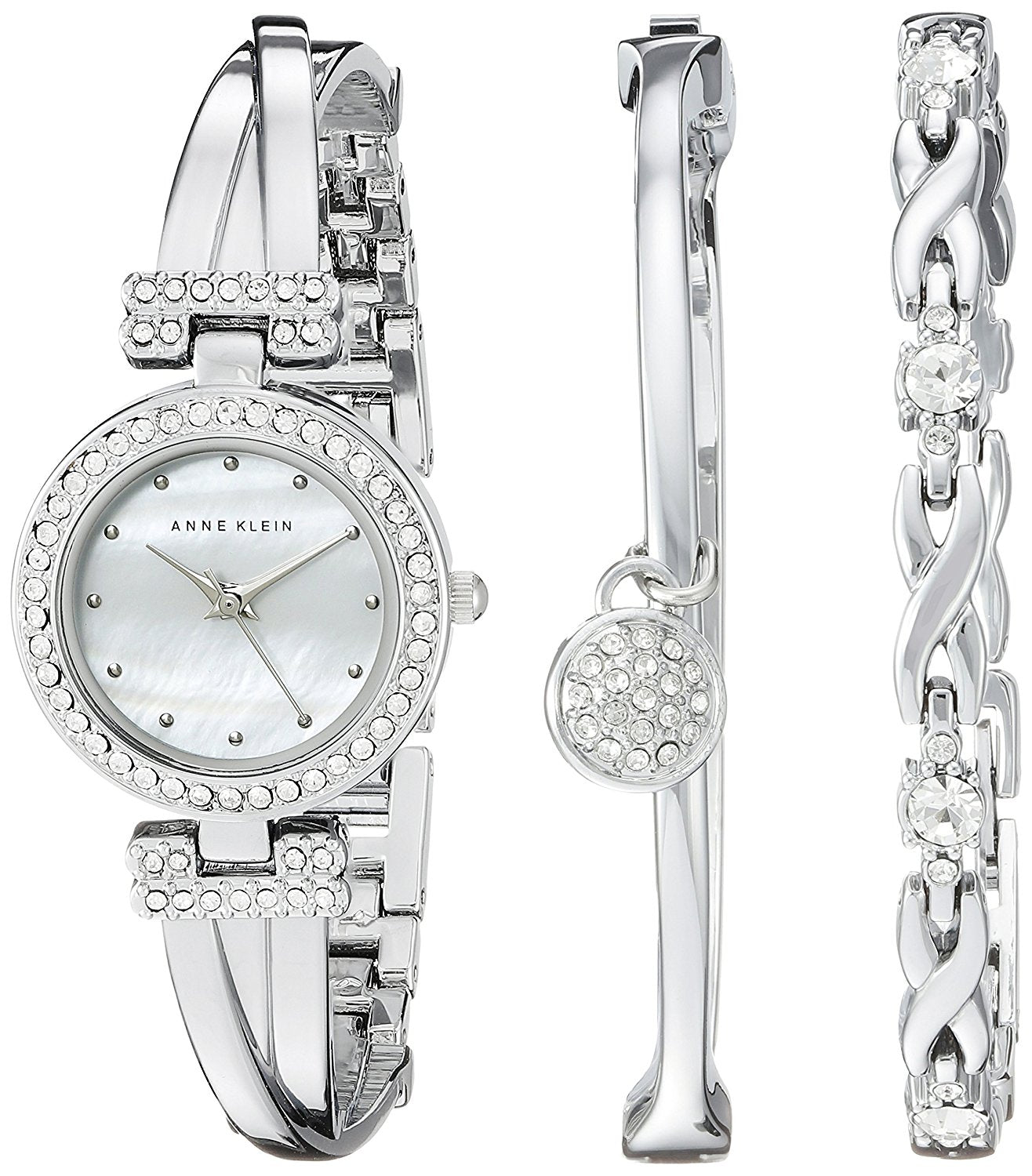 Ladies Anne Klein Swarovski Crystal-Accented Silver-Tone Bangle Watch and Bracelet Set