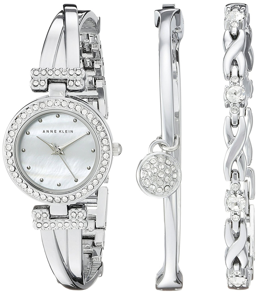 Ladies Anne Klein Swarovski Crystal-Accented Silver-Tone Bangle Watch and Bracelet Set