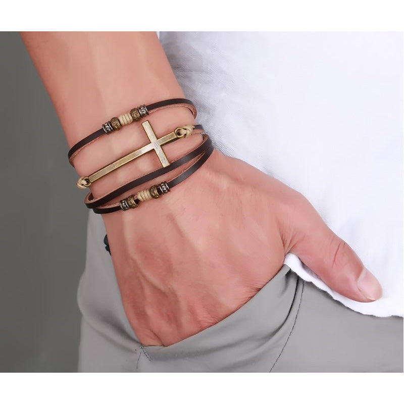Men's Cross Leather Adjustable Bohemia Rope Bracelet