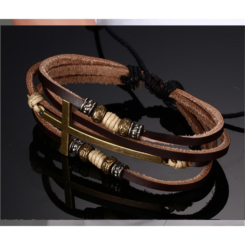 Men's Cross Leather Adjustable Bohemia Rope Bracelet