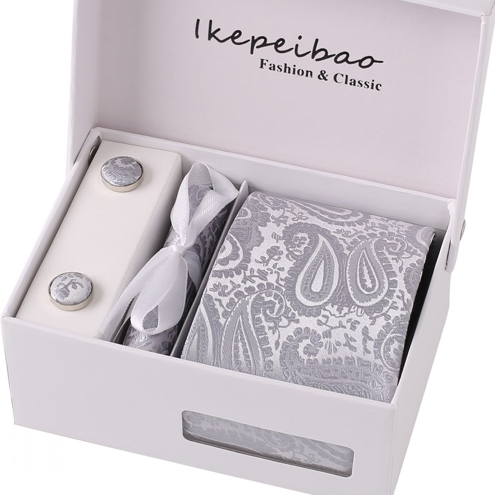 Men's Wide Paisley Necktie, Hanky, Cufflink Set