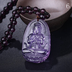 Men's Amethyst Necklace Natural Stone Pendant Buddha Guardian