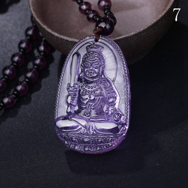 Men's Amethyst Necklace Natural Stone Pendant Buddha Guardian
